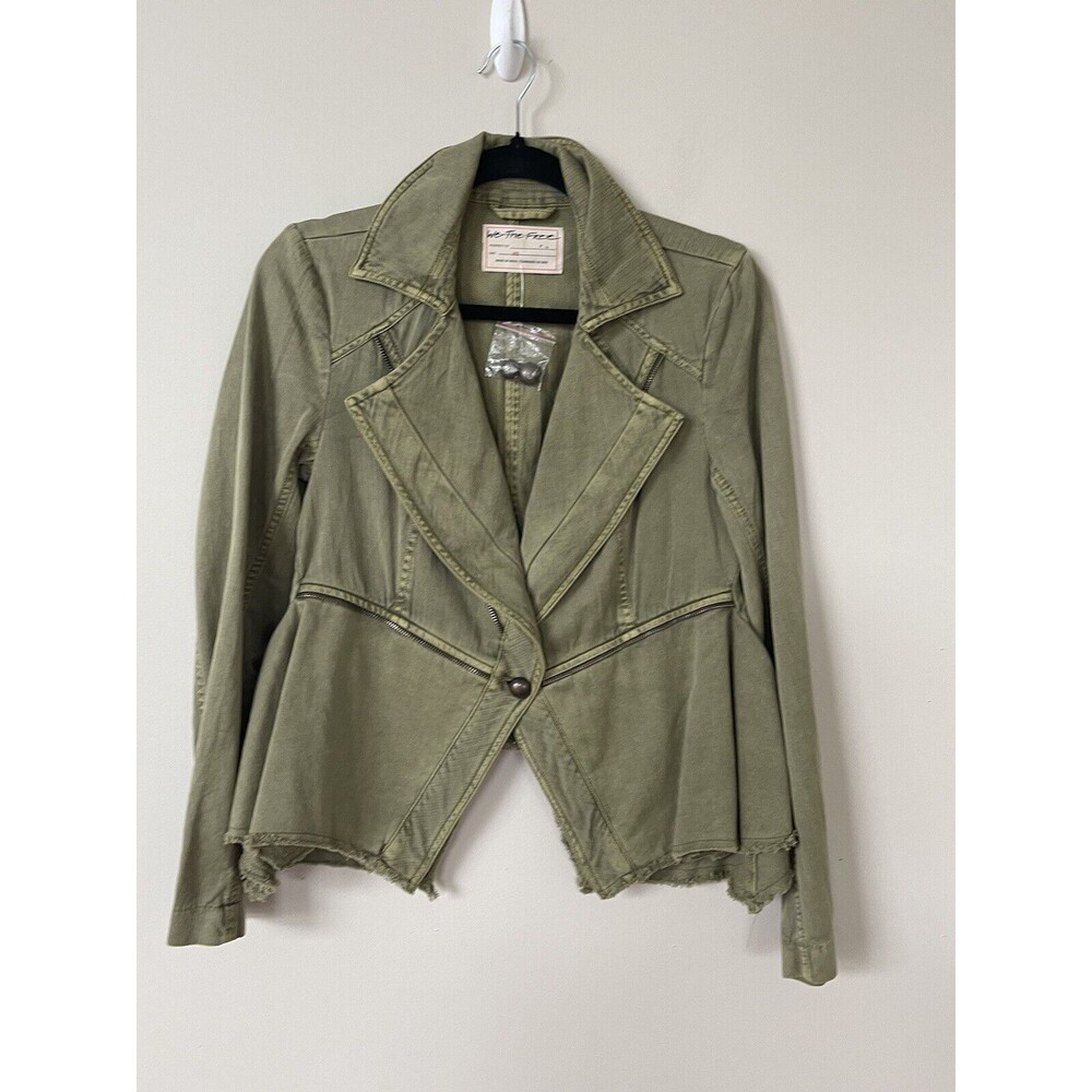 Free People Women Malika Army Green Boho Military Denim Jacket Size XS New